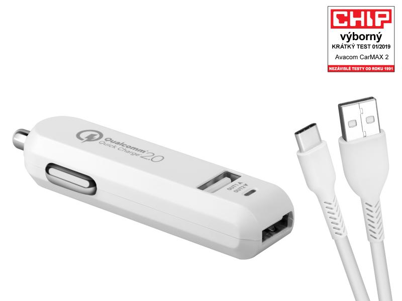 AVACOM CarMAX 2 nab&iacute;ječka do auta 2x Qualcomm Quick Charge 2.0, b&iacute;l&aacute; barva (USB-C kabel)
